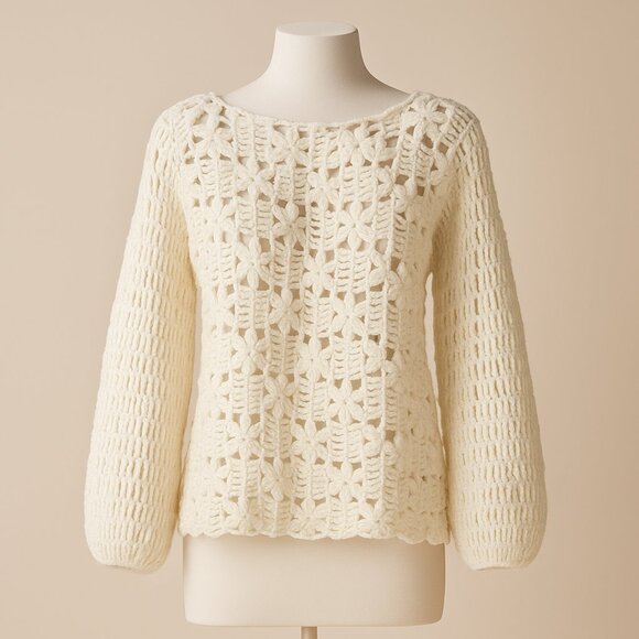 Crochet Sweater White Luxe Floral Pullover Elegant Boho Chic Knit Top Size M - Picture 1 of 4